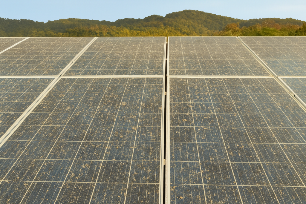 Paneles solares sucios antes del servicio de limpieza y mantenimiento profesional